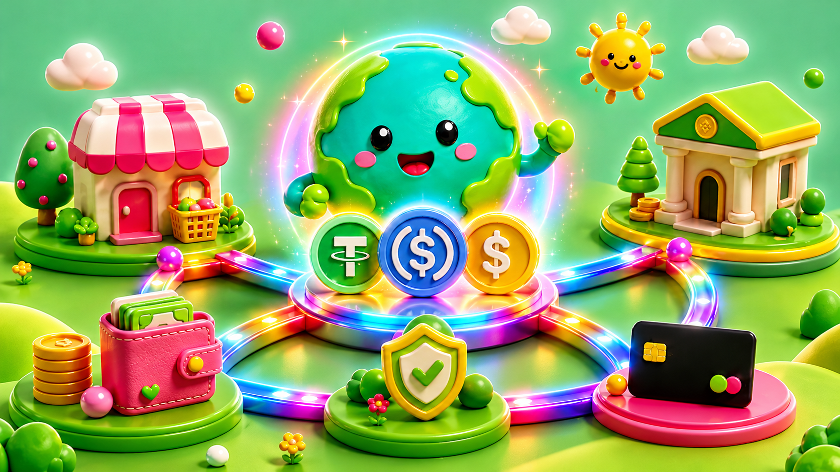 Smiling globe with coins, a card, a phone and a shop