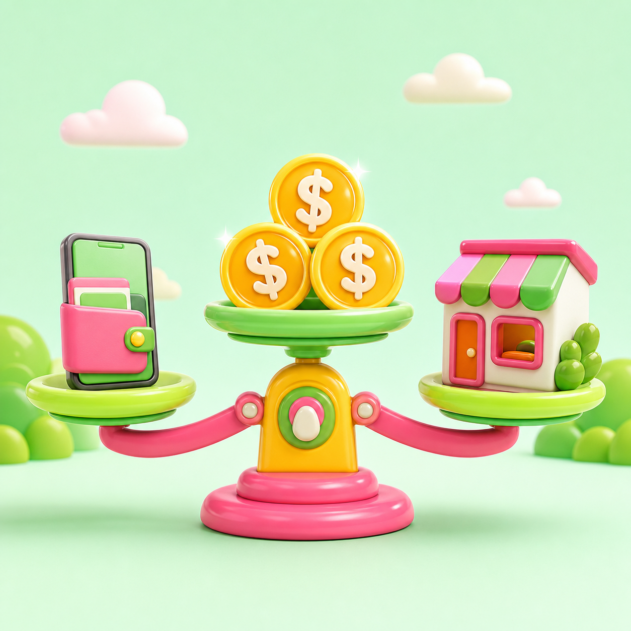 Balance scale with coins, a mobile wallet and a small shop