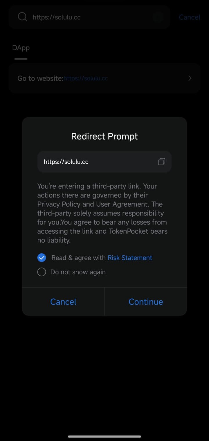 TokenPocket redirection prompt to solulu.cc